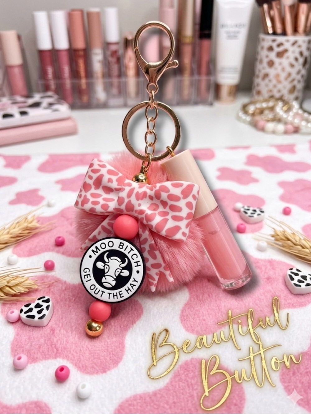 Custom Junk keychain 
Pink Leopard Bow Keychain with Novelty Cow Charm